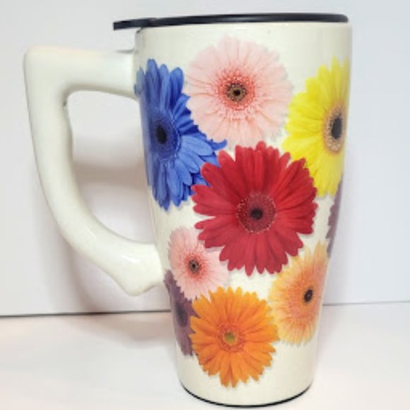 SPOONTIQUES CERAMIC "FLOWERS" TRAVEL MUG WITH LID HOT & COLD BEVERAGES - Picture 3 of 7